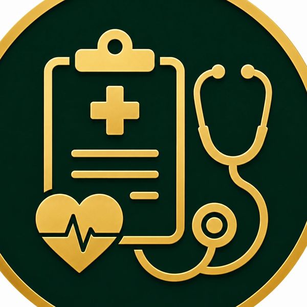 Medical icon with clipboard, heart, and stethoscope.