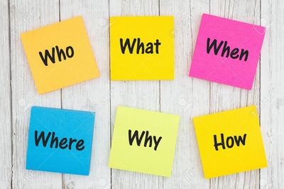 Colorful sticky notes with question words on a wooden background.