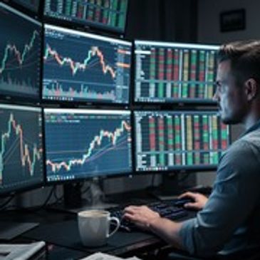 Man analyzing stock market charts on multiple monitors in a dark room.