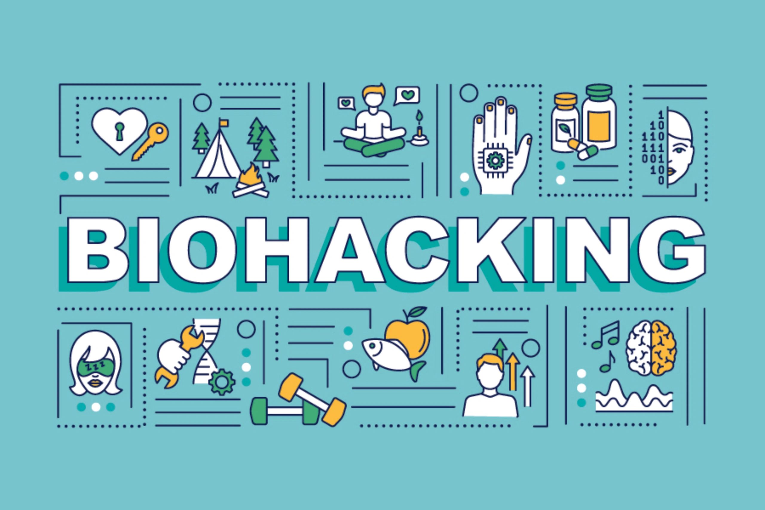 Illustration representing biohacking with related icons and the word BIOHACKING.