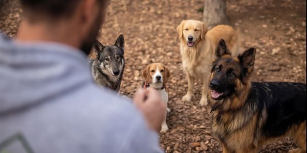 Four dogs attentively watch a person holding a treat outdoors.