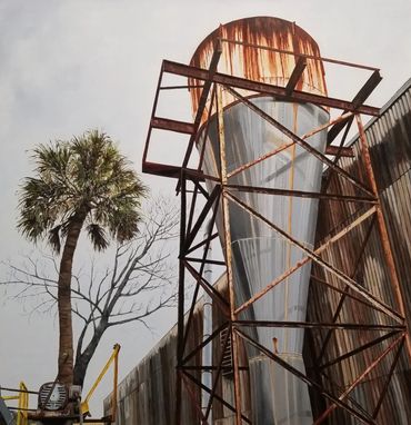 A painting of a Florida palm tree with a cyclone and cradle at a manufacturing company.