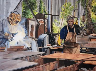 An oil painting of a welder and his apprentice in an industrial manufacturing setting.
