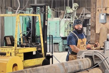 Oil painting of a man bending steel on a Webb Roller, with Hyster fork lift, and Blanchard Grinder.