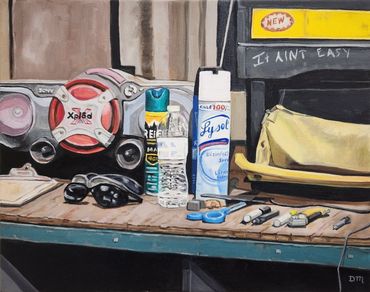 Oil painting of an industrial workspace with a boom box, sunglasses, tools, water bottle, & Lysol.
