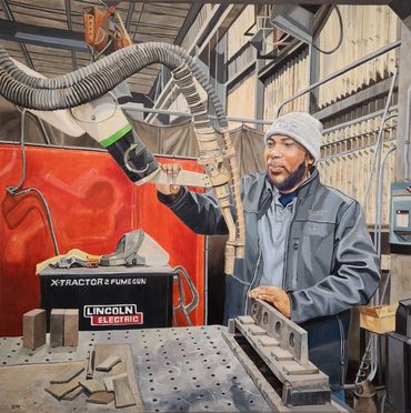 Oil painting of a man with a welding cobot in an industrial manufacturing plant.