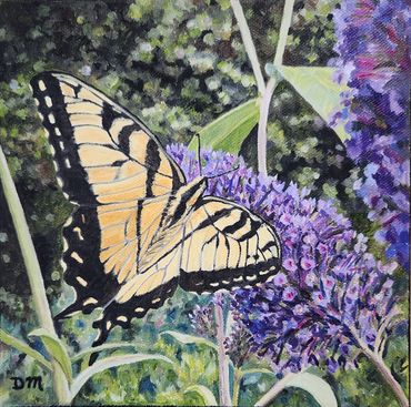Oil painting of Eastern Tiger Swallowtail butterfly on a purple butterfly bush flower.