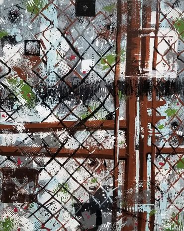 Abstract painting of a chain link fence.  Grays, browns, black, white, and blue.