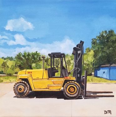 An oil painting of a forklift in front of a blue sky.