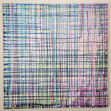 Acrylic abstract painting of gridlock on city street grid with blue, yellow, pink, purple, & green.