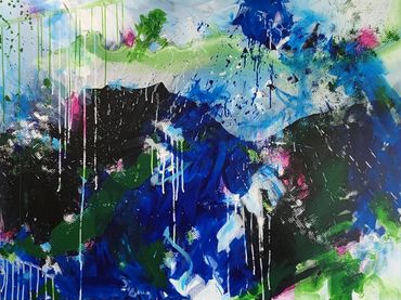 An acrylic abstract painting of rain featuring blue, black, green, white, and pink.