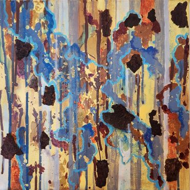 An abstract painting with yellow, blue, gray, brown, and rust.