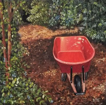 An oil painting of a red wheelbarrow in a garden.