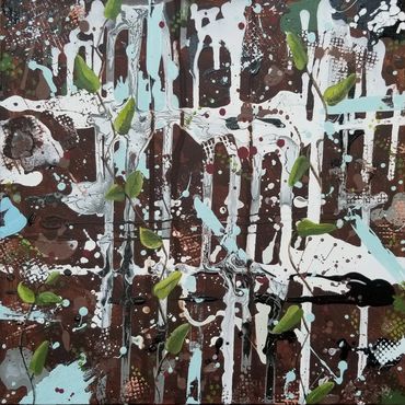 Abstract painting with vines.  Browns, black, grays, white, blue, green.