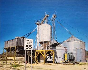 Oil painting of a farm with Sukup grain bins and a 55 speed limit sign in Parrott, Georgia.
