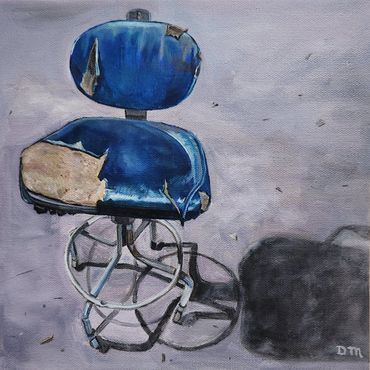 An oil painting of a blue swivel chair with holes and tears in the seat.