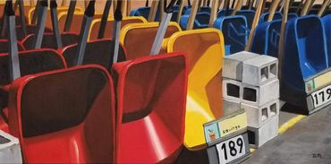 Oil painting of red, yellow, and blue wheelbarrows in rows.