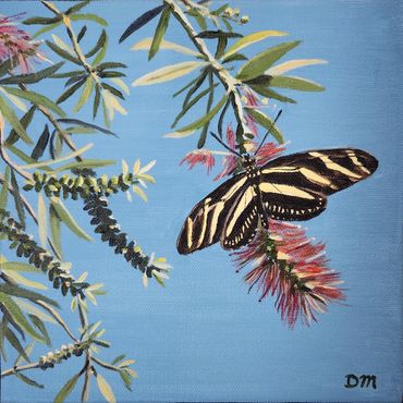 Oil painting of a Zebra Longwing Butterfly on a bottlebrush tree with blue sky.
