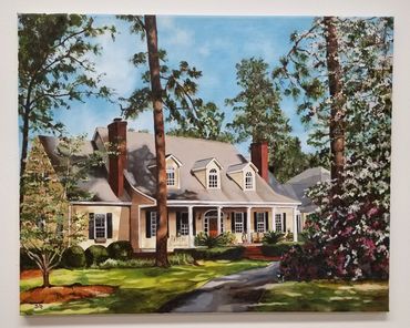 Southern Colonial House painting with dappled morning sunlight.
