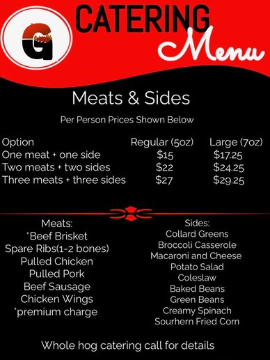 Catering menu with meats, sides, and pricing for regular and large portions.
