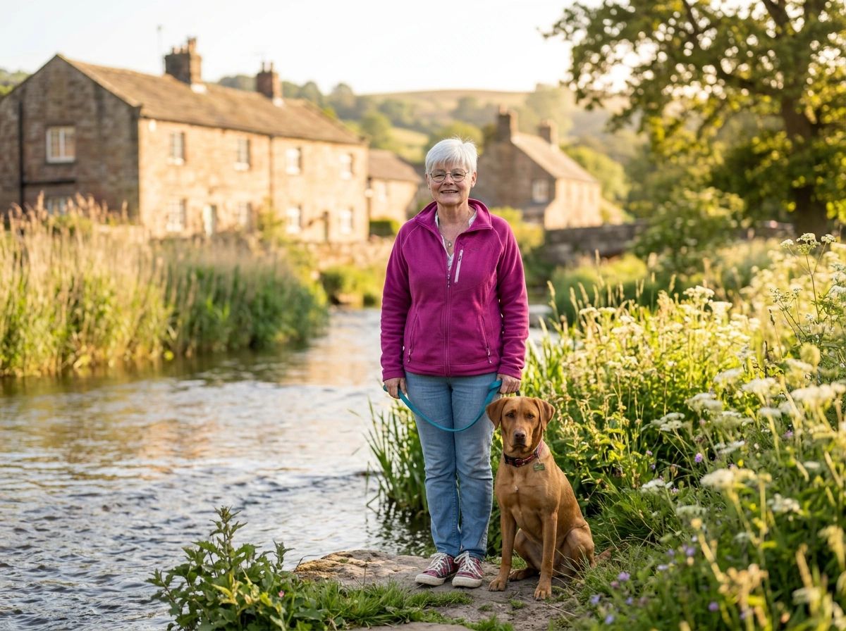 Lady who owns the company stands by a river with a Labrador