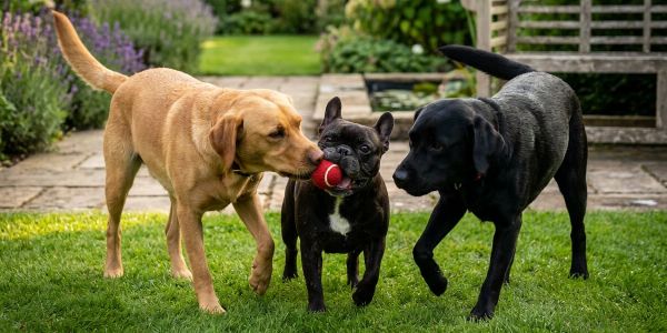 Three dogs, one with a ball in its mouth, playing outside on grass.