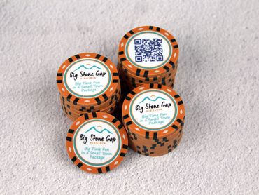 Big Stone Gap custom orange and black poker chips with a QR code