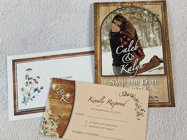 Wedding invitations and RSVP card and envelope