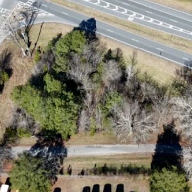 Aerial view of road with trees and shadows.