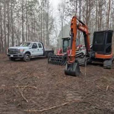 Excavator and truck parked in a forest clearing with bare trees.
