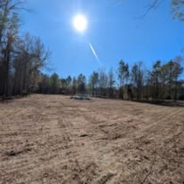 Sun shines over a wide, cleared dirt field surrounded by trees.