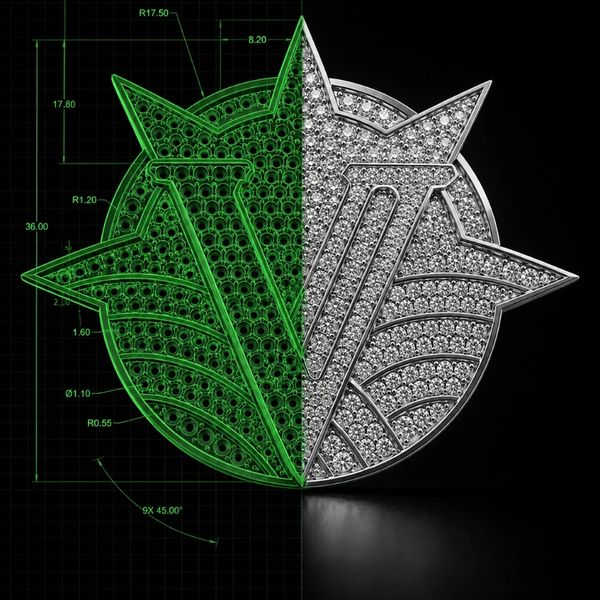 A jeweled star logo design with technical drawing overlay.