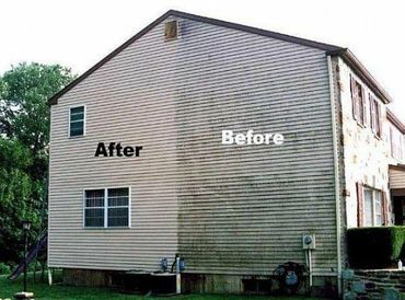Side-by-side house siding showing before and after cleaning contrast.