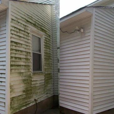 Before-and-after view of home siding: dirty on the left, clean on the right after a siding wash.