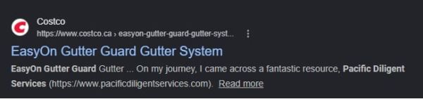 Search result snippet for EasyOn Gutter Guard Gutter System on Costco website.