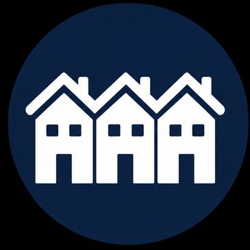 Three white house icons in a row on a dark blue circular background.