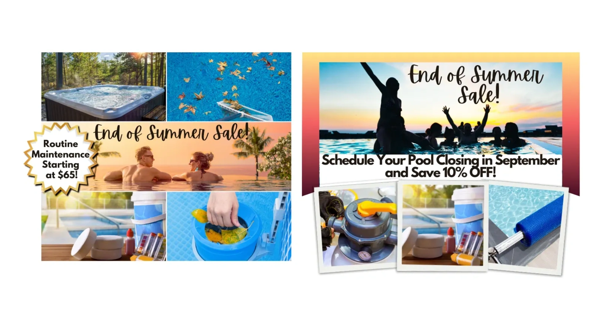 End of summer pool maintenance and closing sale with discounts and services.