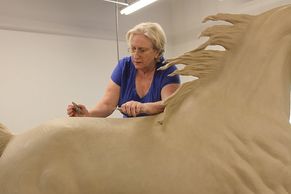 Life size in progress. Here Anne is sculpting a life size Saddlebred/Arabian horse to 7' tall. 