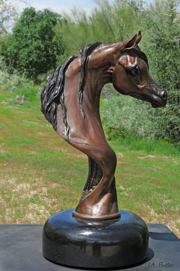 Bronze horse head study sculpture on rotating base in bay bronze patina.