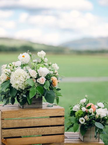 Flower arrangements for a wedding.