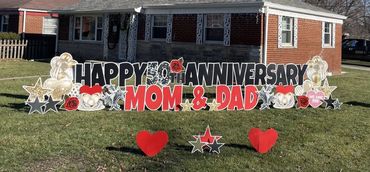 Happy Anniversary Yard sign with gold and hearts in Indianapolis Indiana