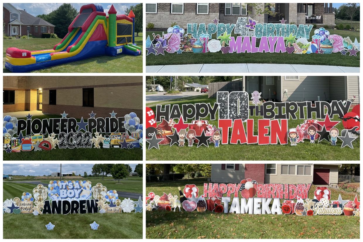 Collage of yard signs and bounce houses in Indianapolis Indiana