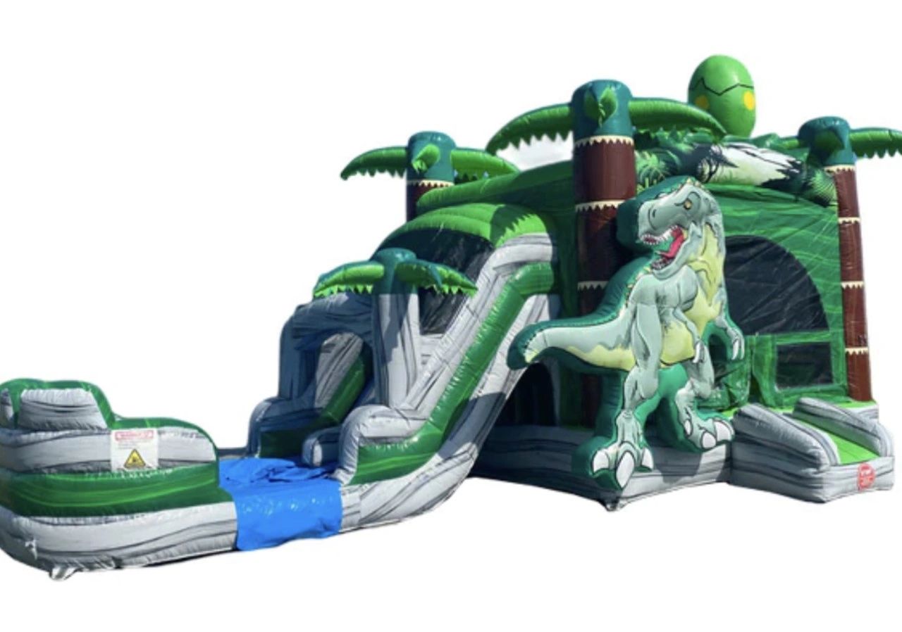 TRex Dinosaur bounce house inflatable with two lane slide wet/dry.  