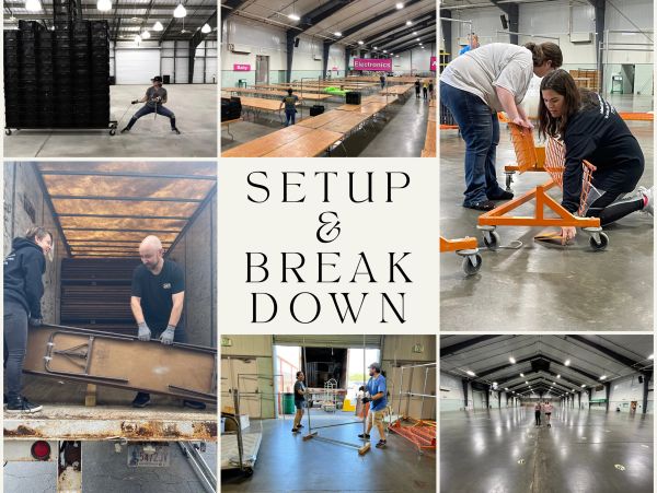 Various scenes of people setting up and breaking down event equipment in a large indoor space.