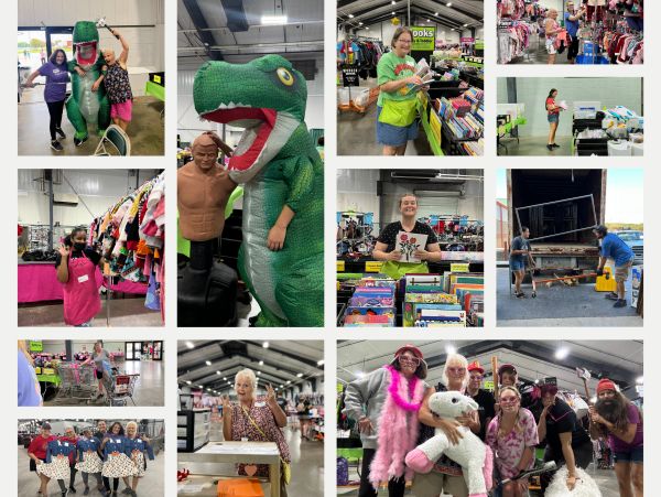 Community event with people shopping, playful costumes, and group activities indoors.