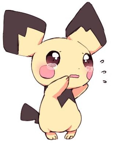 A sad, crying Pichu with teary eyes and a worried expression.