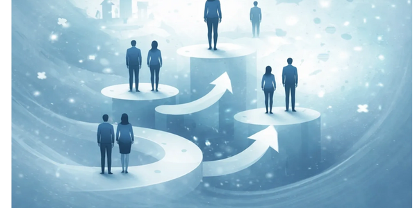 people on different plinths with arrows pointing forwards