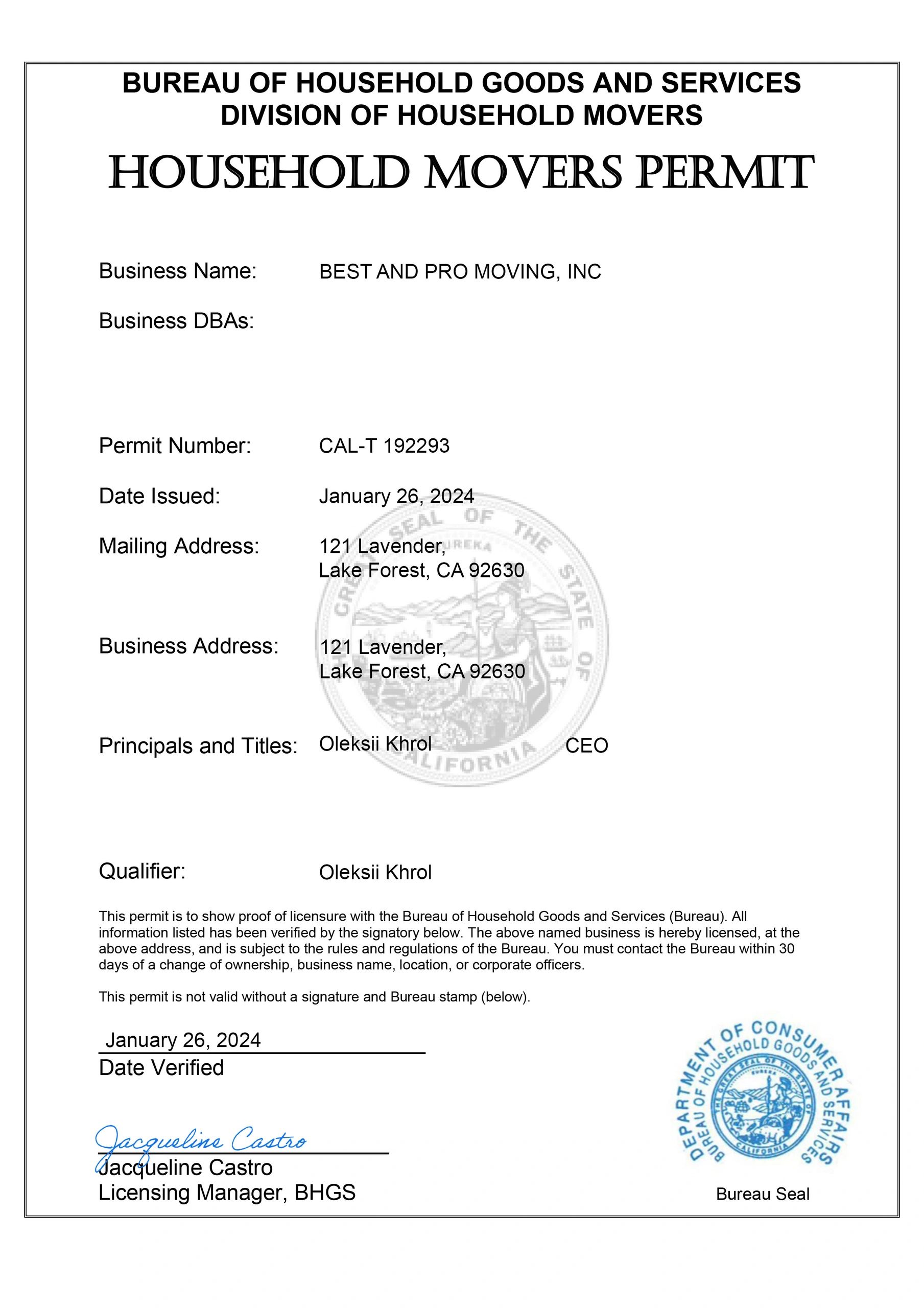 Household Movers Permit for BEST AND PRO MOVING, INC issued on January 26, 2024.