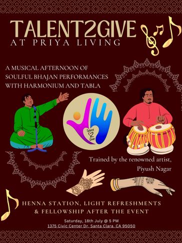 Flyer for Talent2Give musical event with bhajan performances and henna station.