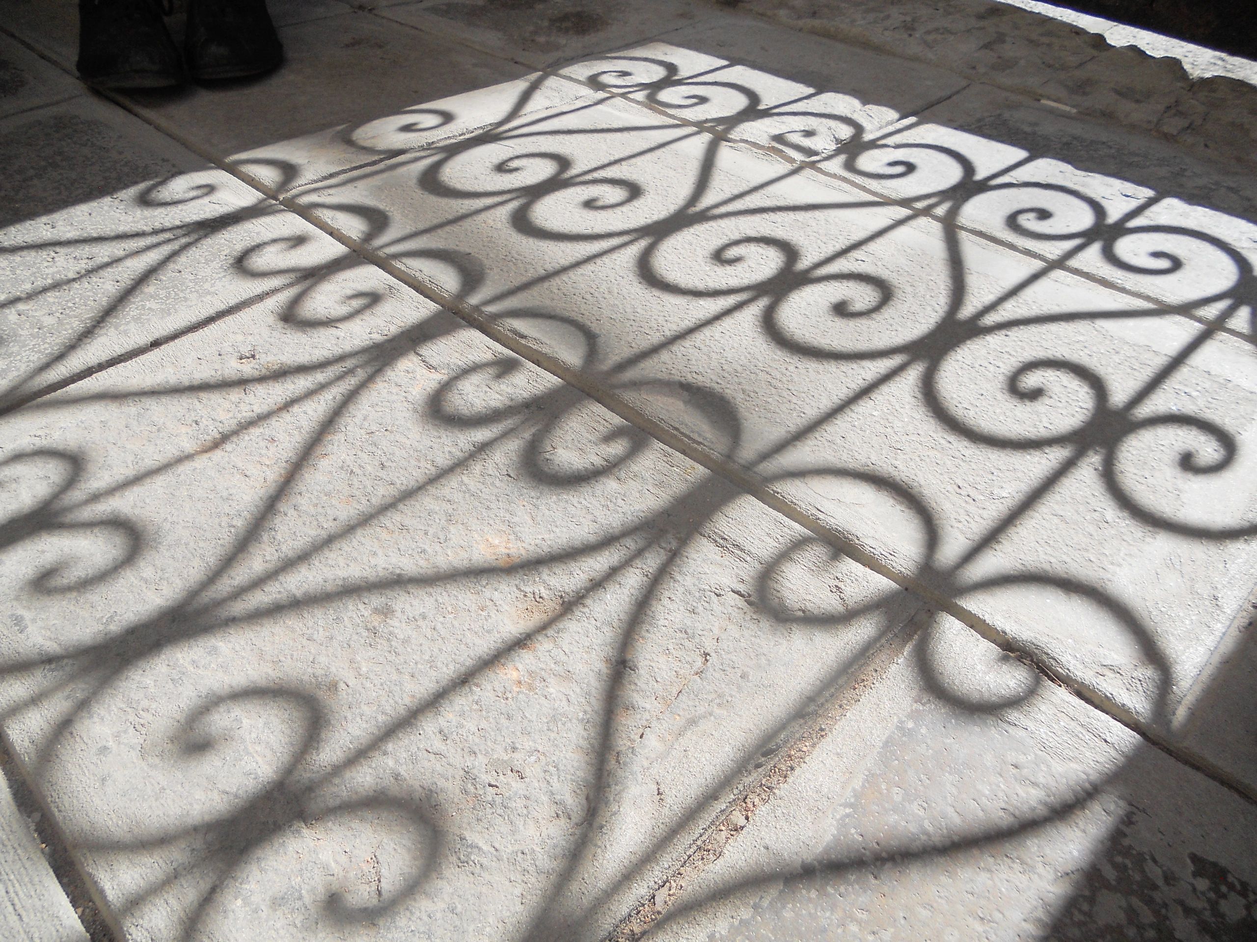 Shadows of a fancy wrought-iron gate.

Fantasy novels and short stories. 
